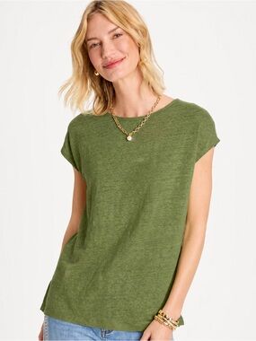 Chico’s 100% linen Women’s Short dolman Sleeve Top in Olive Green size large